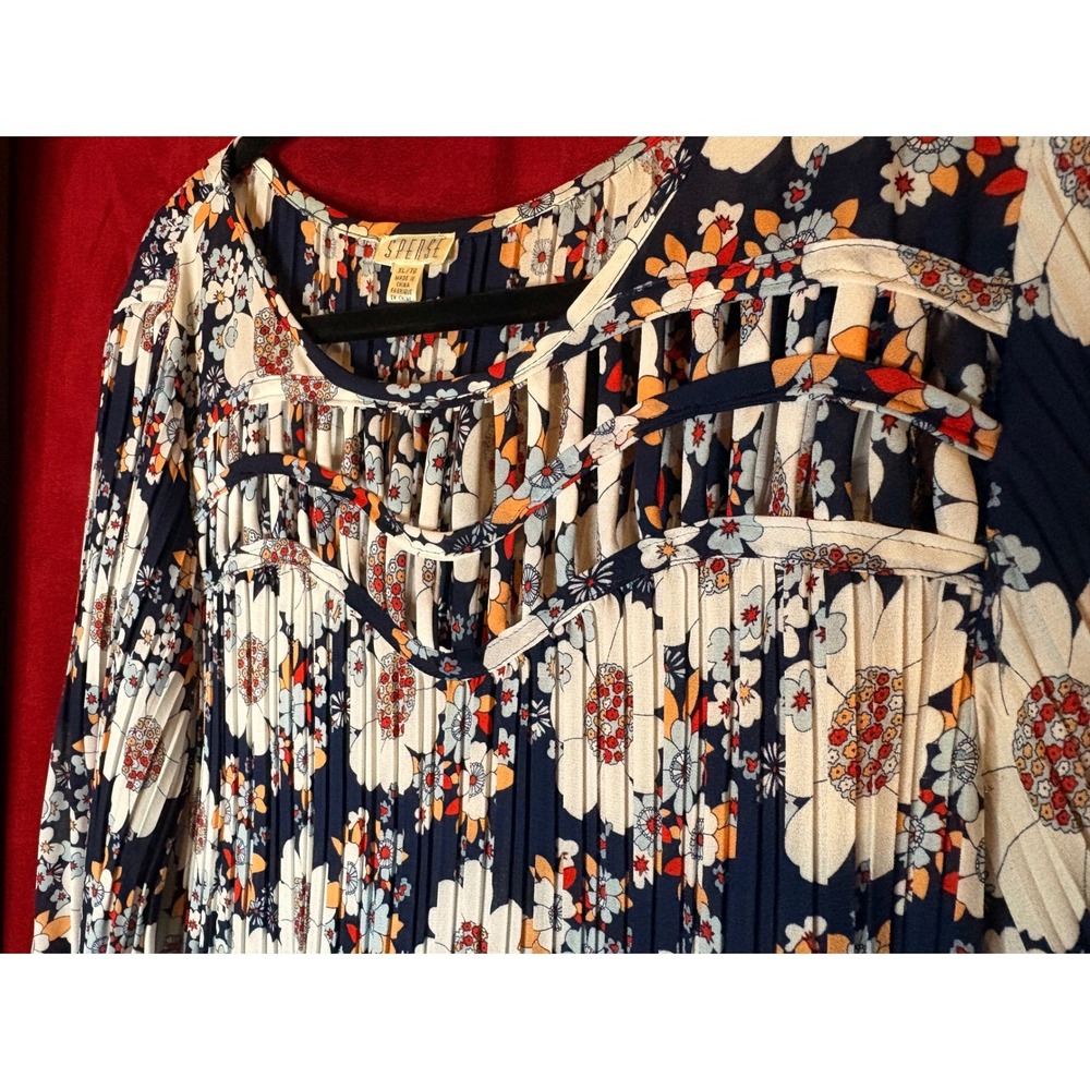 Spense Navy Blue Floral Pleated Boho Blouse - Picture 7 of 7